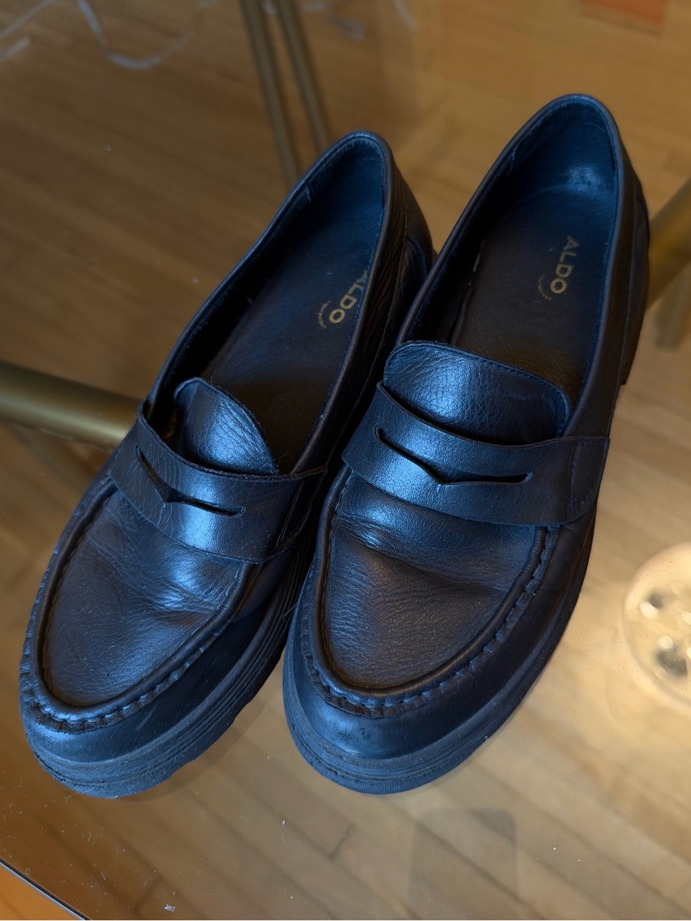 ALDO Bigplan Black Smooth Leather Lug Sole Penny Loafers